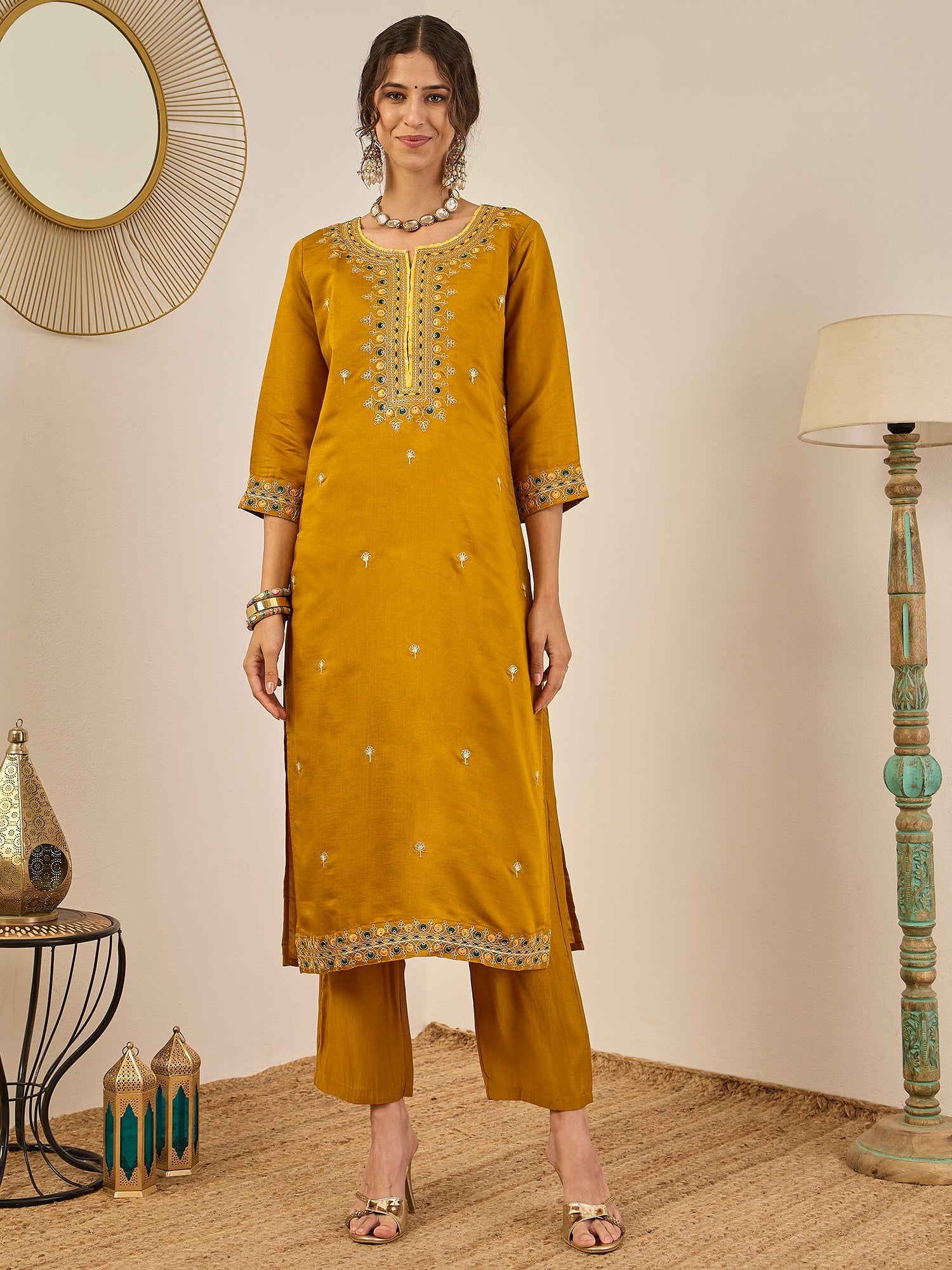 Varnita Women's Embroidered Silk Blend Calf Length Straight Kurta Trouser with Dupatta Set - FitVibe Fashion