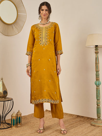 Varnita Women's Embroidered Silk Blend Calf Length Straight Kurta Trouser with Dupatta Set - FitVibe Fashion