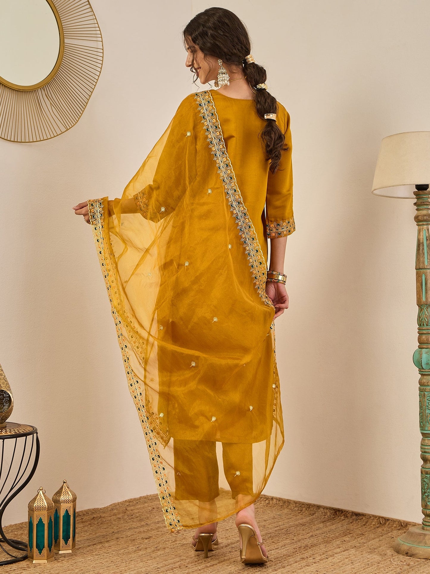 Varnita Women's Embroidered Silk Blend Calf Length Straight Kurta Trouser with Dupatta Set - FitVibe Fashion