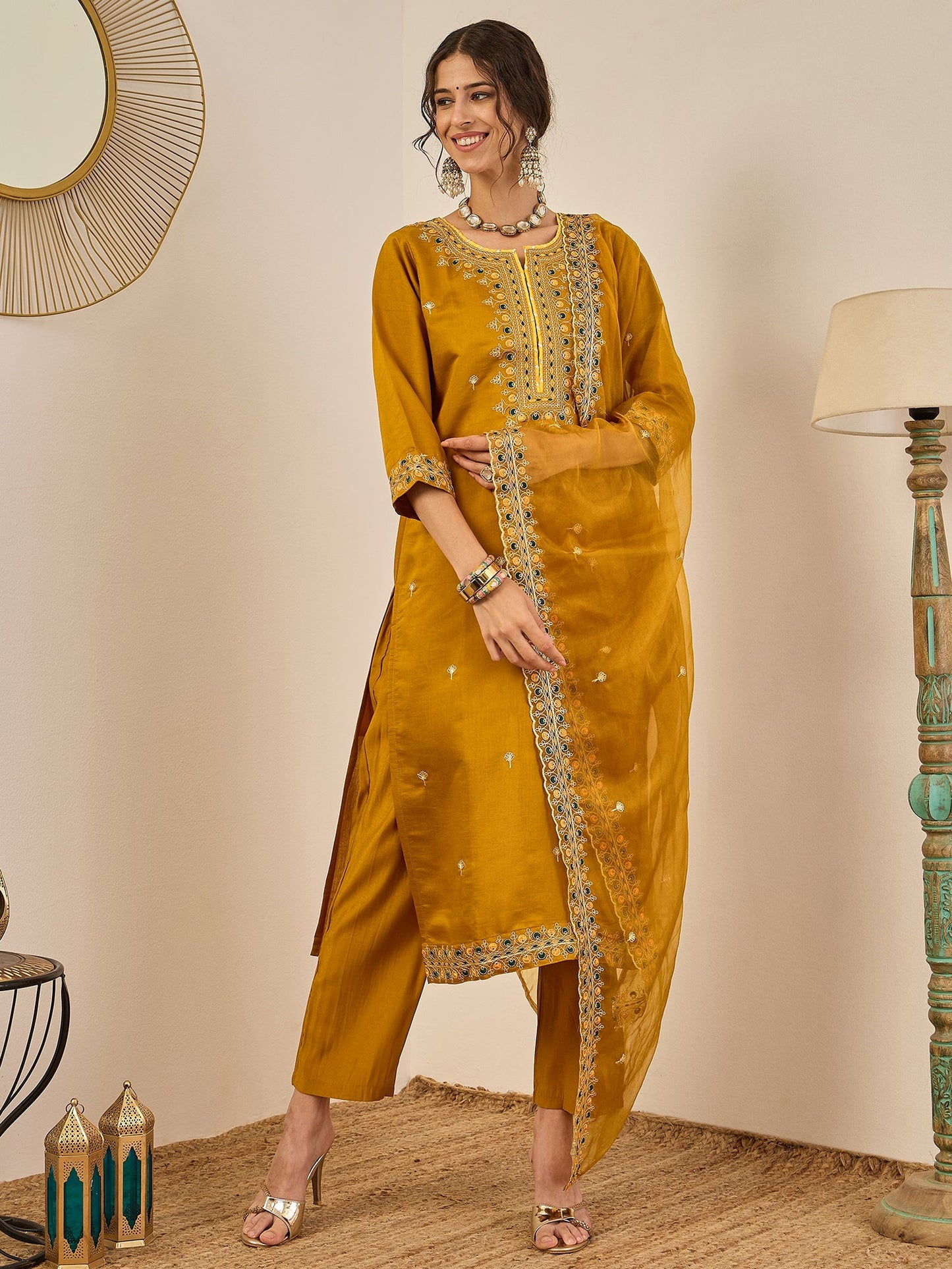 Varnita Women's Embroidered Silk Blend Calf Length Straight Kurta Trouser with Dupatta Set - FitVibe Fashion