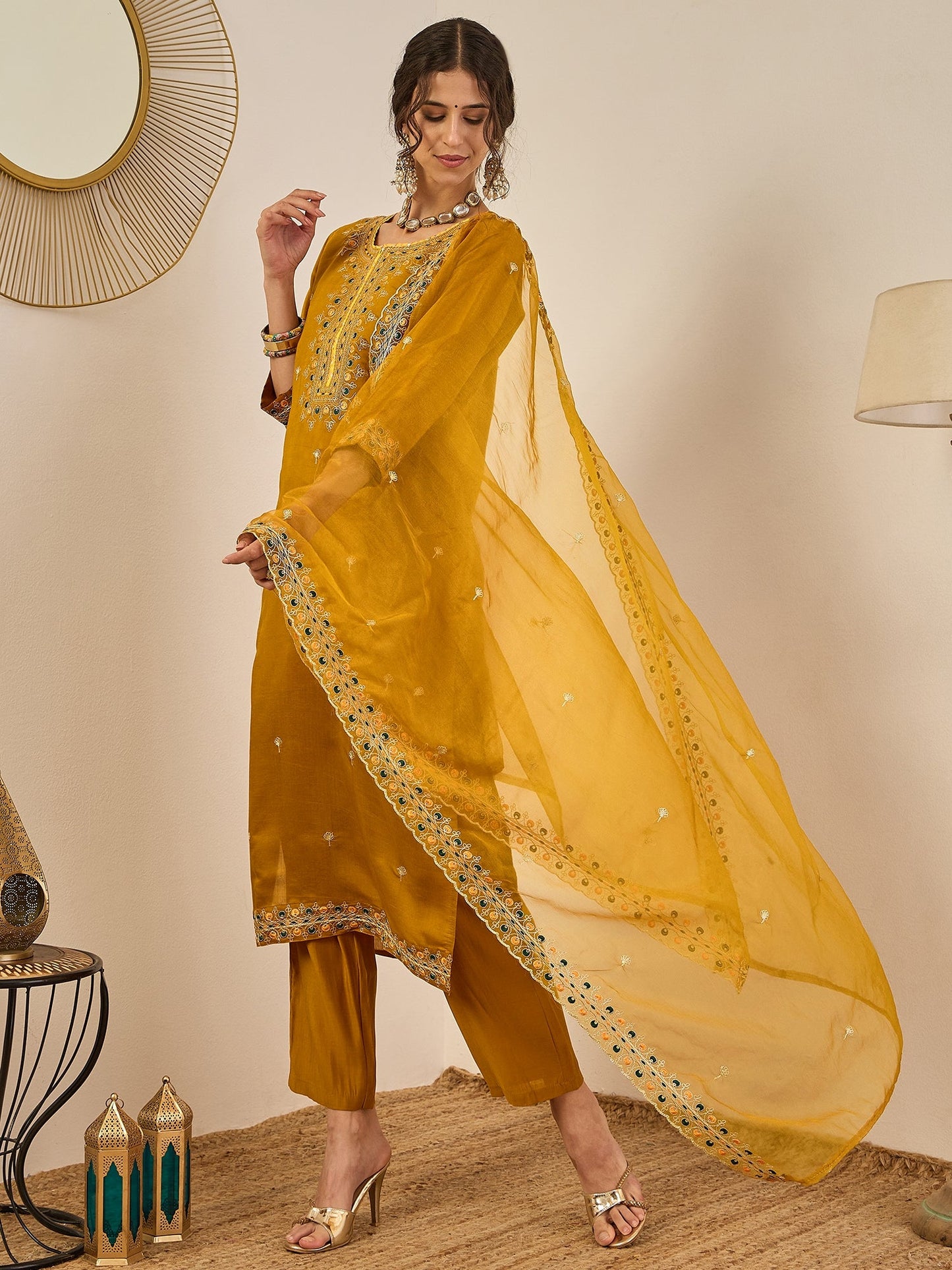 Varnita Women's Embroidered Silk Blend Calf Length Straight Kurta Trouser with Dupatta Set - FitVibe Fashion