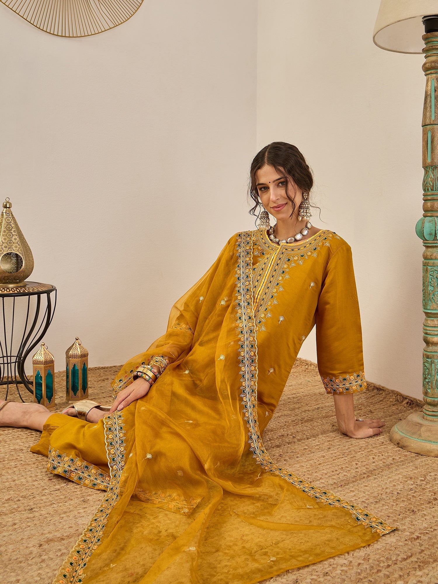 Varnita Women's Embroidered Silk Blend Calf Length Straight Kurta Trouser with Dupatta Set - FitVibe Fashion