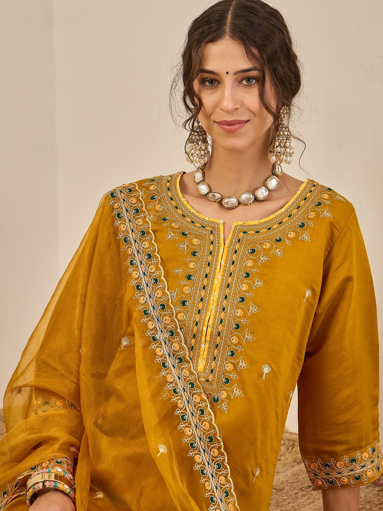 Varnita Women's Embroidered Silk Blend Calf Length Straight Kurta Trouser with Dupatta Set - FitVibe Fashion