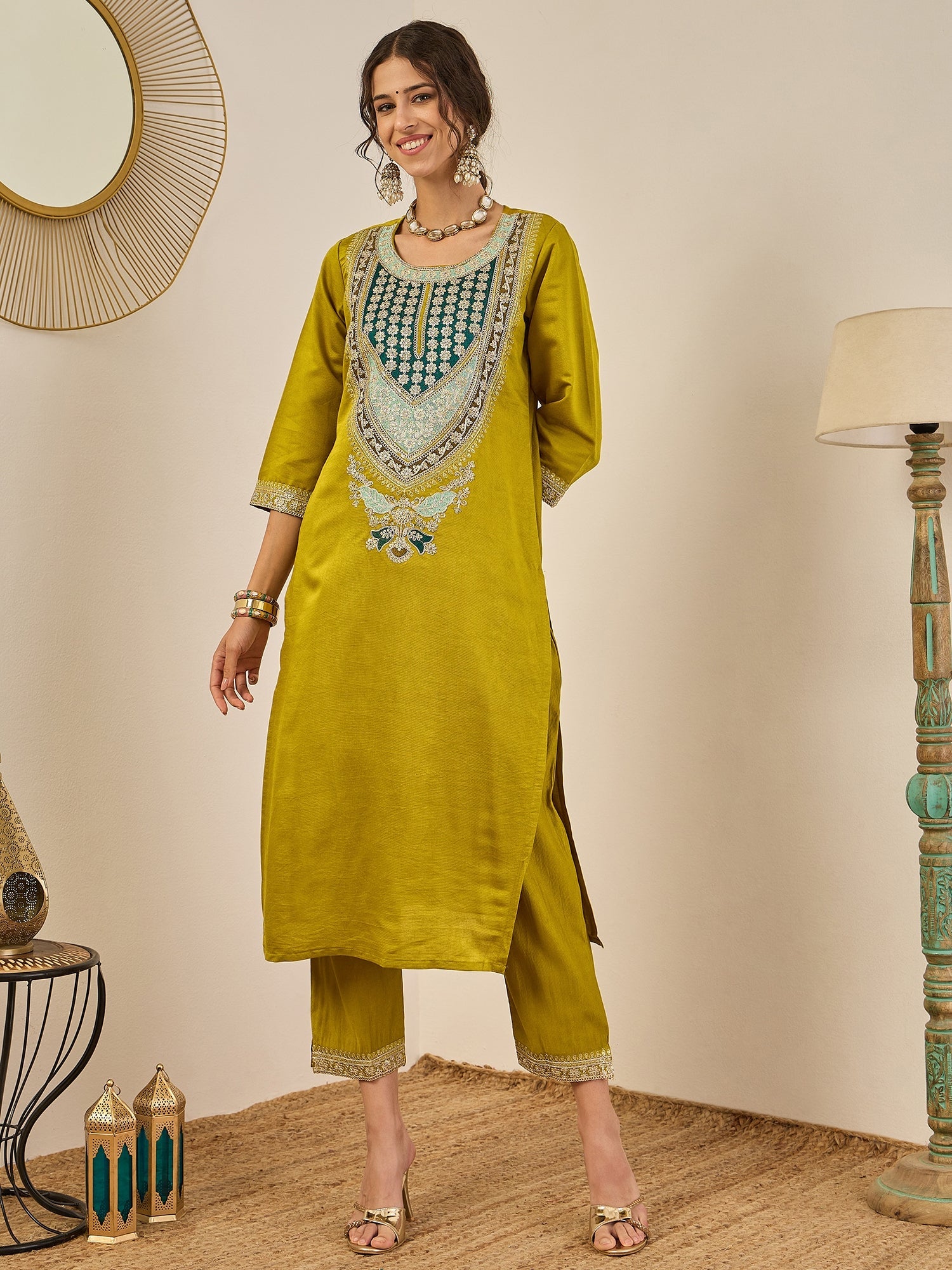 Tanirika Women's Embroidered Viscose Rayon Calf Length Straight Kurta Trouser with Dupatta Set - FitVibe Fashion