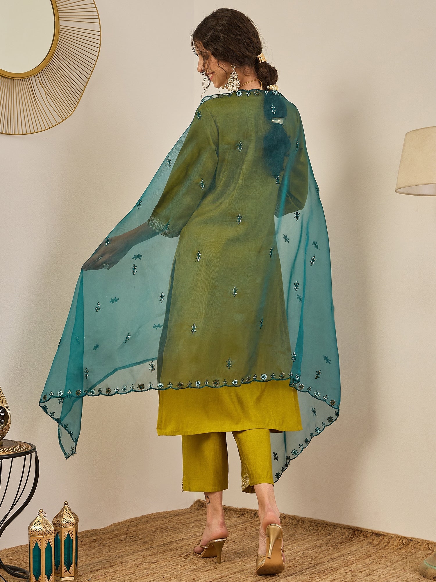 Tanirika Women's Embroidered Viscose Rayon Calf Length Straight Kurta Trouser with Dupatta Set - FitVibe Fashion