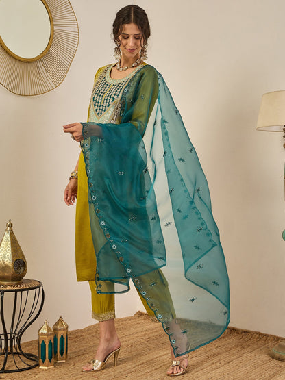 Tanirika Women's Embroidered Viscose Rayon Calf Length Straight Kurta Trouser with Dupatta Set - FitVibe Fashion