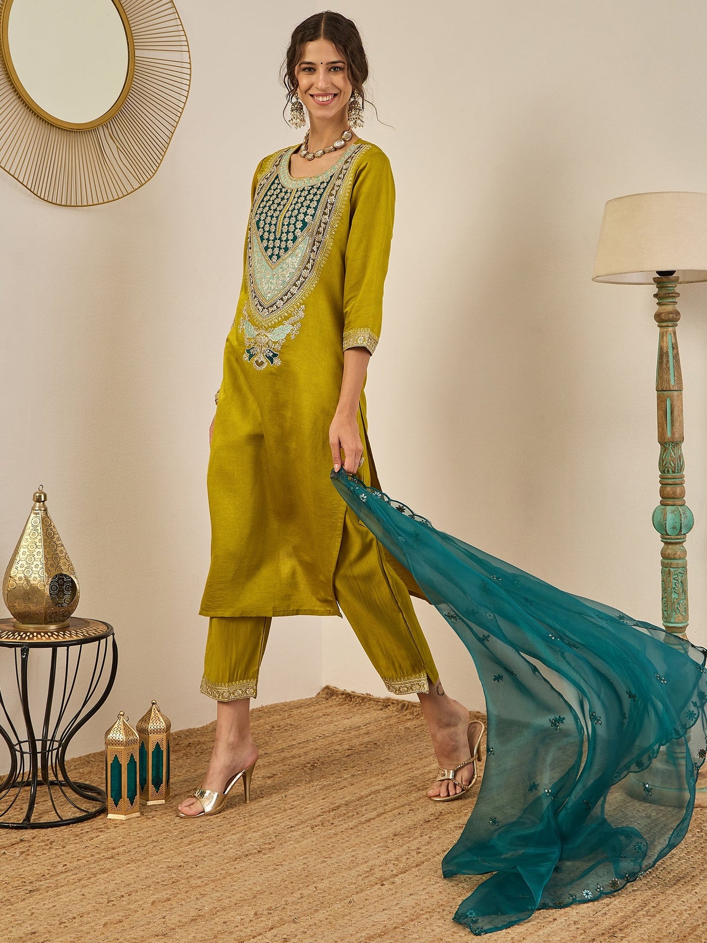 Tanirika Women's Embroidered Viscose Rayon Calf Length Straight Kurta Trouser with Dupatta Set - FitVibe Fashion