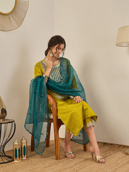 Tanirika Women's Embroidered Viscose Rayon Calf Length Straight Kurta Trouser with Dupatta Set - FitVibe Fashion