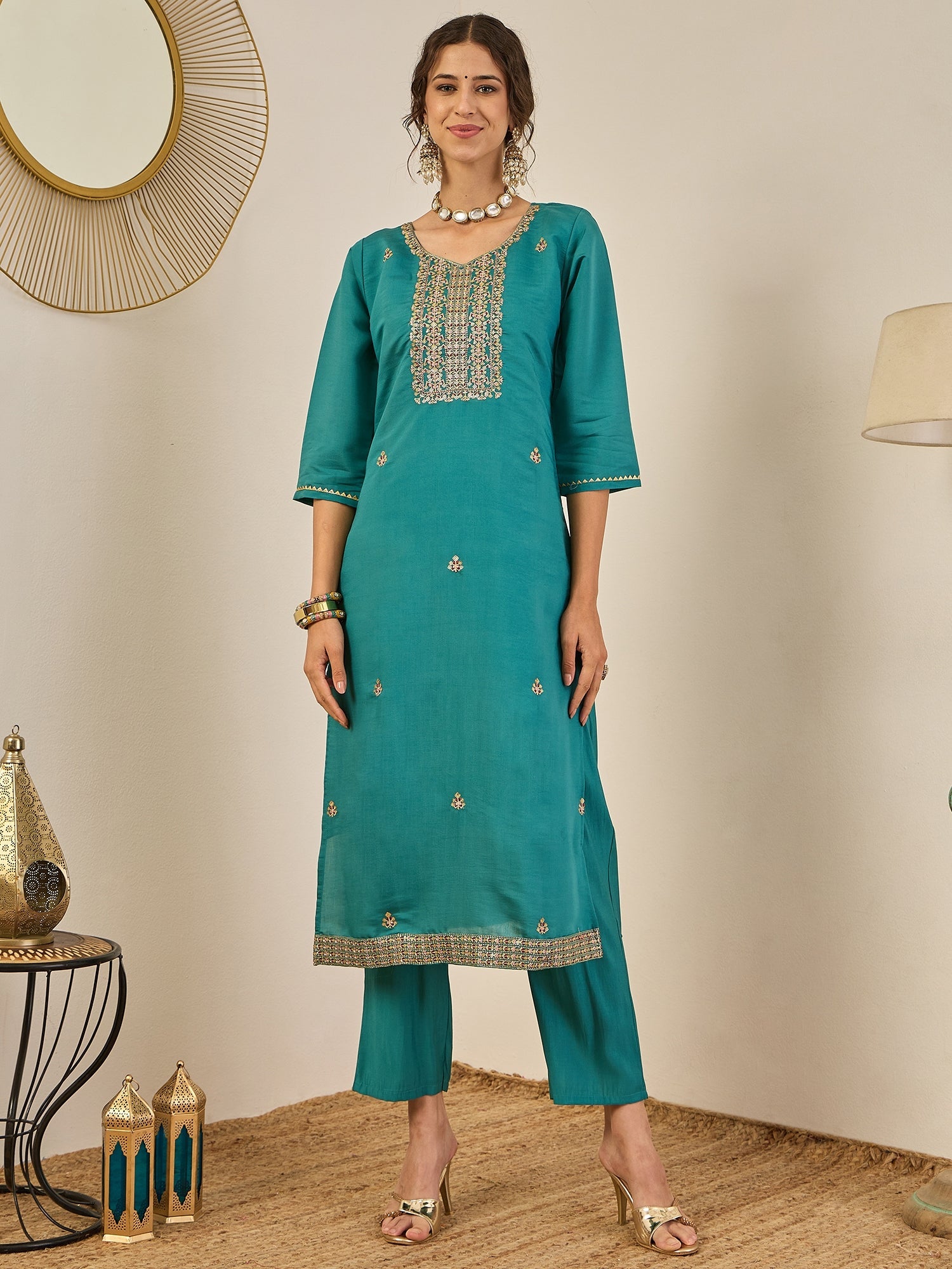 Vedhika Women's Embroidered Silk Blend Calf Length Straight Kurta Trouser with Dupatta Set - FitVibe Fashion