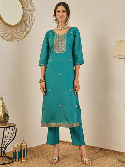 Vedhika Women's Embroidered Silk Blend Calf Length Straight Kurta Trouser with Dupatta Set - FitVibe Fashion