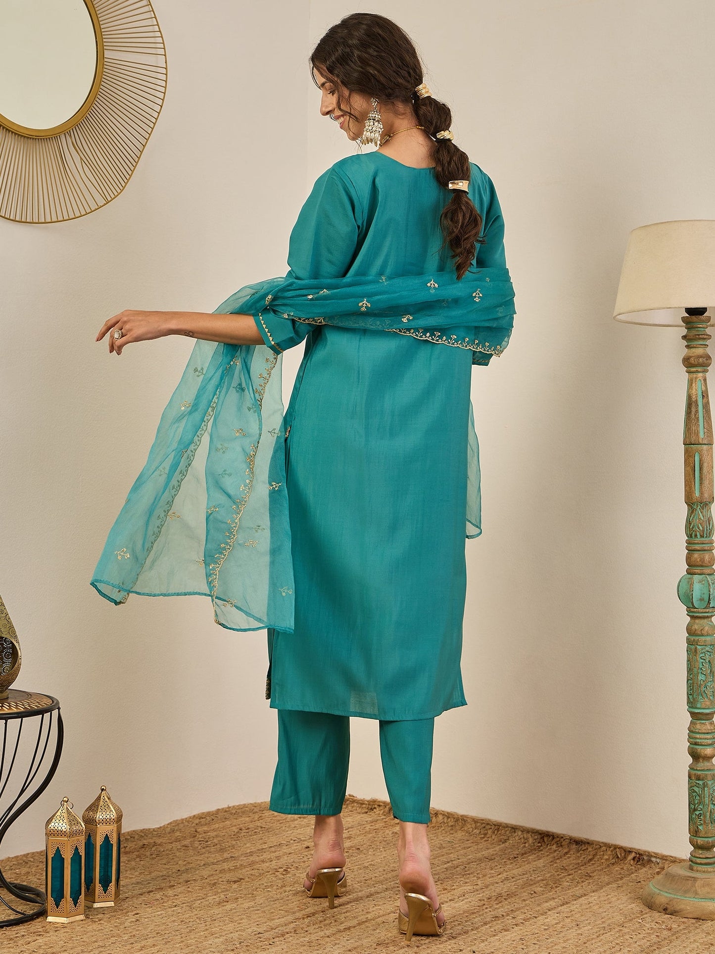 Vedhika Women's Embroidered Silk Blend Calf Length Straight Kurta Trouser with Dupatta Set - FitVibe Fashion