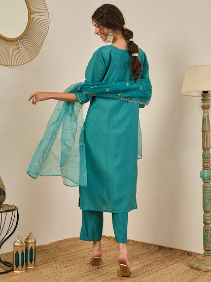 Vedhika Women's Embroidered Silk Blend Calf Length Straight Kurta Trouser with Dupatta Set - FitVibe Fashion