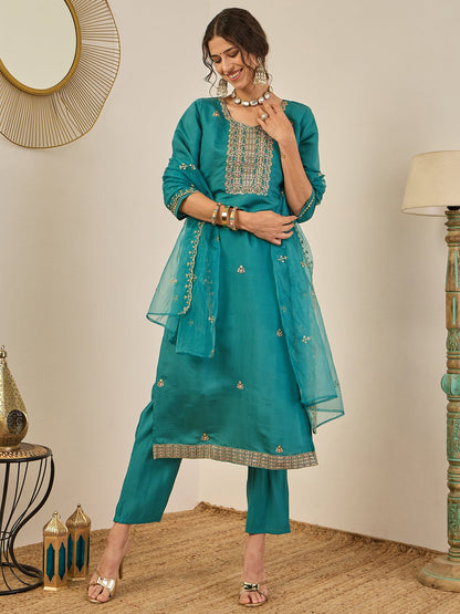 Vedhika Women's Embroidered Silk Blend Calf Length Straight Kurta Trouser with Dupatta Set - FitVibe Fashion