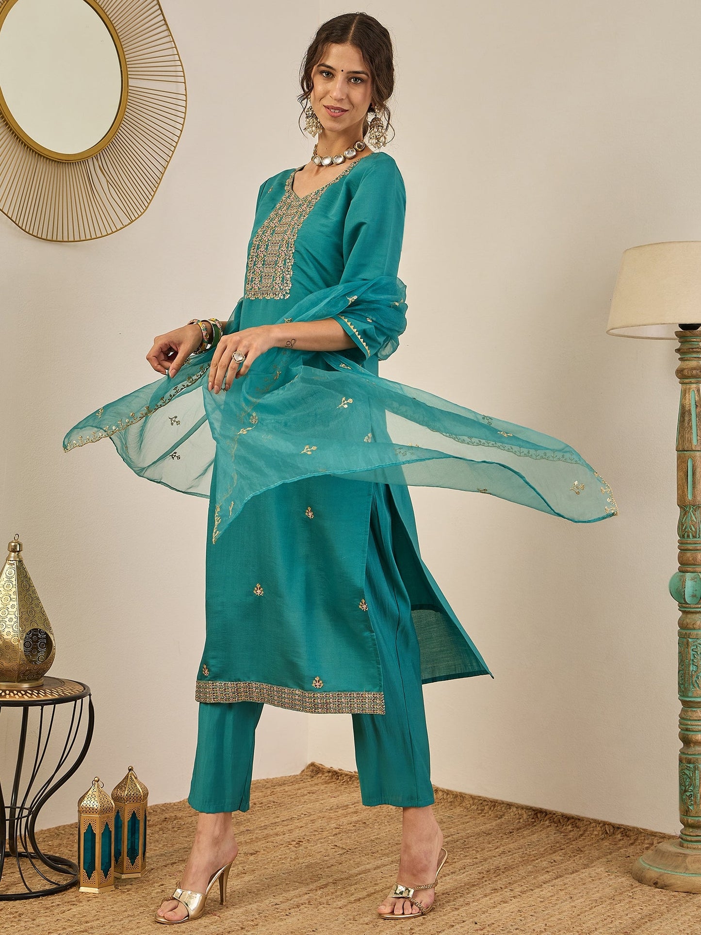 Vedhika Women's Embroidered Silk Blend Calf Length Straight Kurta Trouser with Dupatta Set - FitVibe Fashion