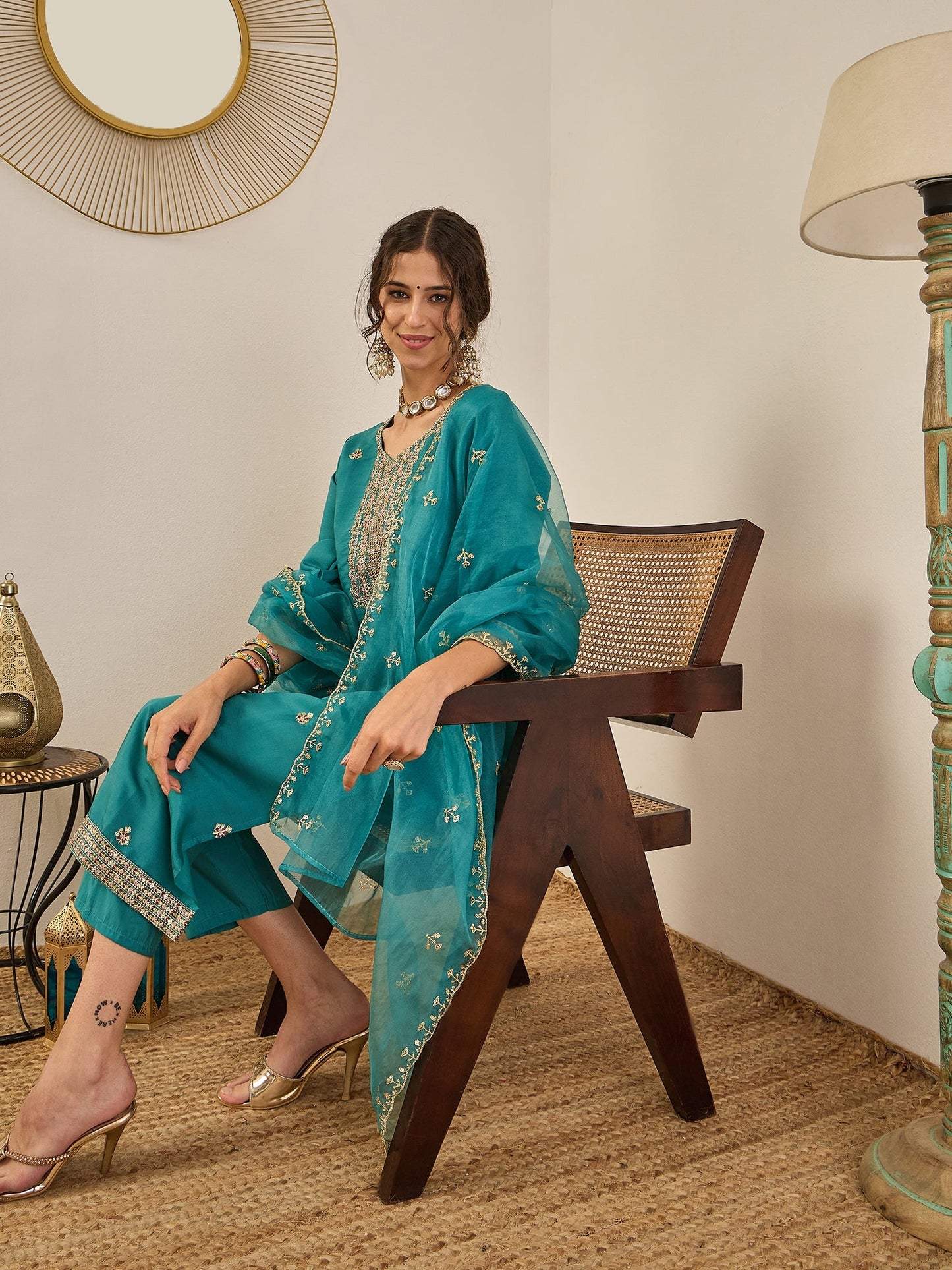 Vedhika Women's Embroidered Silk Blend Calf Length Straight Kurta Trouser with Dupatta Set - FitVibe Fashion