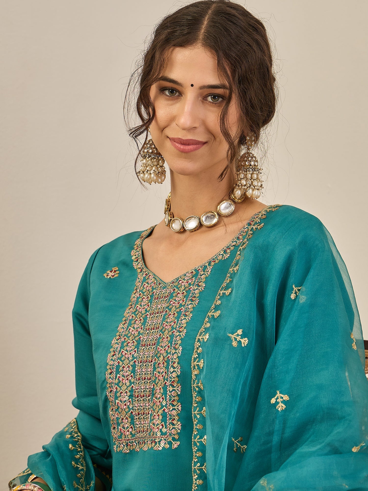 Vedhika Women's Embroidered Silk Blend Calf Length Straight Kurta Trouser with Dupatta Set - FitVibe Fashion