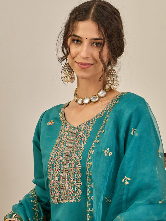 Vedhika Women's Embroidered Silk Blend Calf Length Straight Kurta Trouser with Dupatta Set - FitVibe Fashion