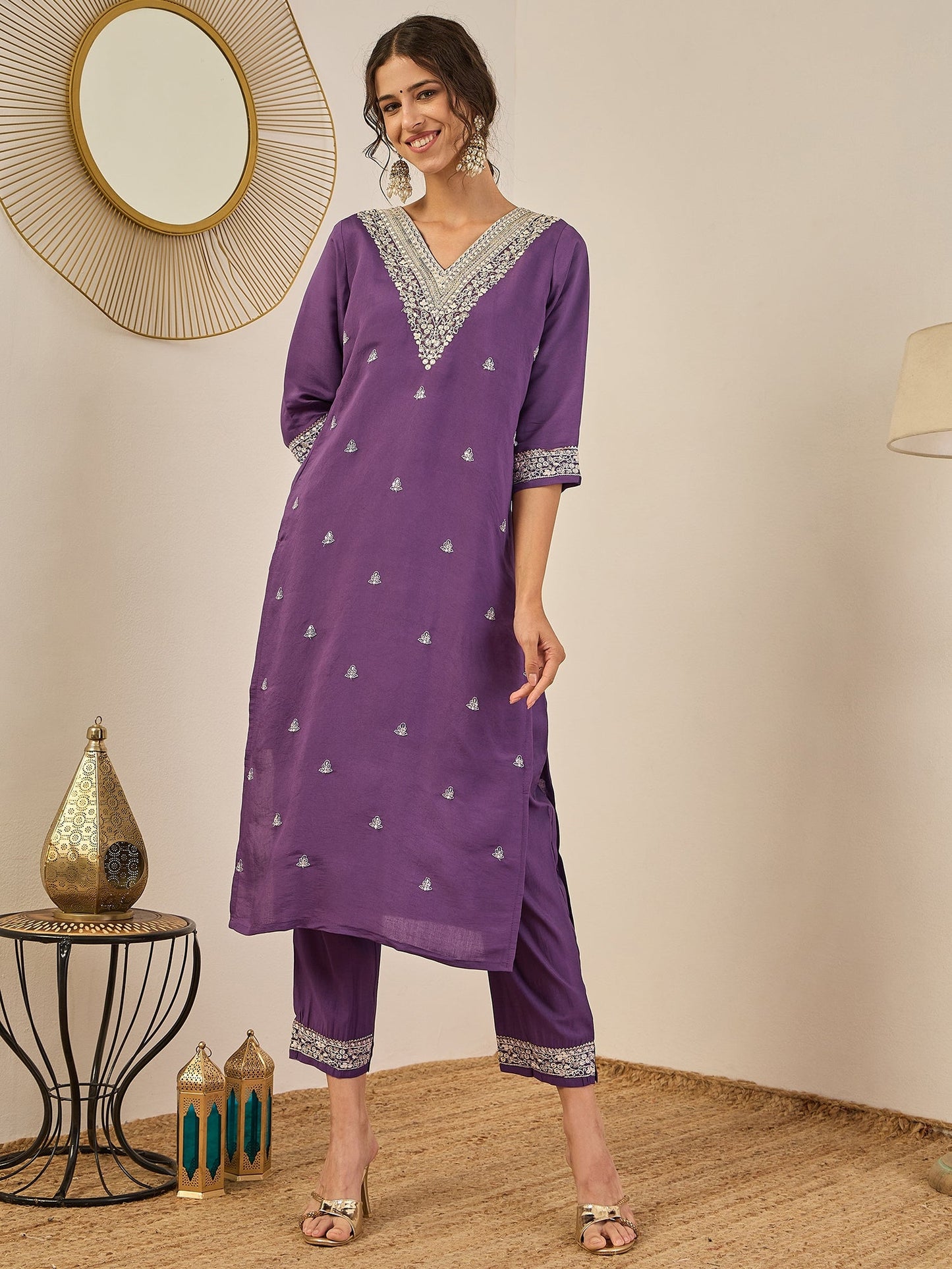 Gauri Elegant Silk Blend Kurta Set with Chanderi Dupatta Ready to Wear Embroidered Party Wear Outfit - FitVibe Fashion