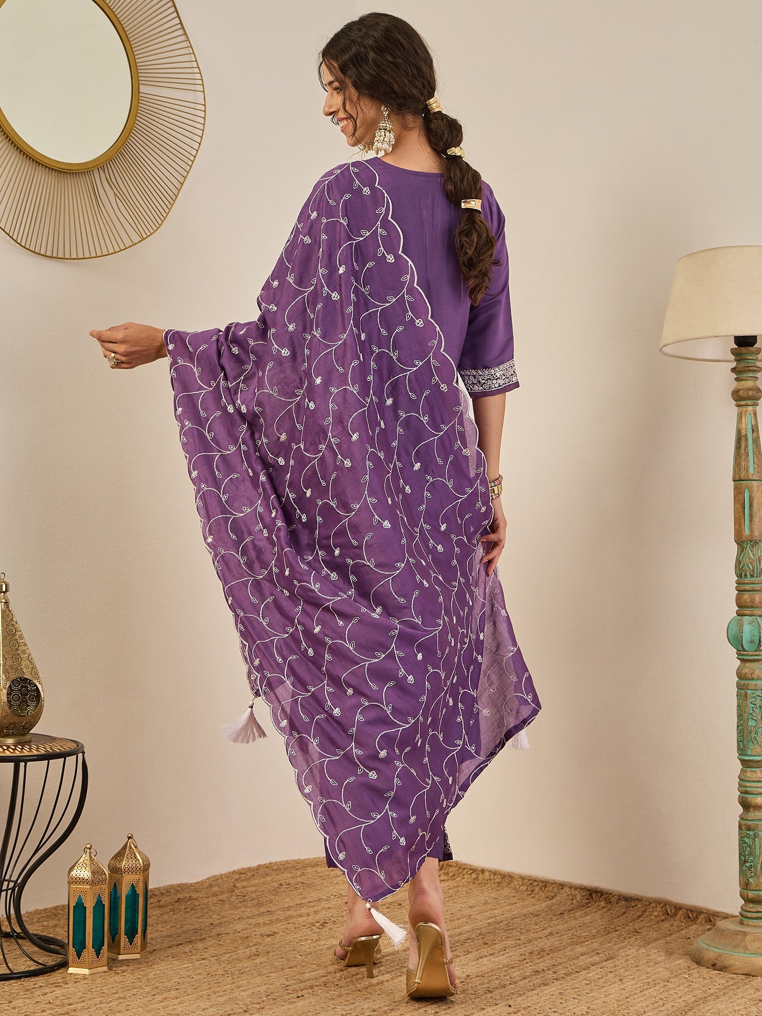 Gauri Elegant Silk Blend Kurta Set with Chanderi Dupatta Ready to Wear Embroidered Party Wear Outfit - FitVibe Fashion