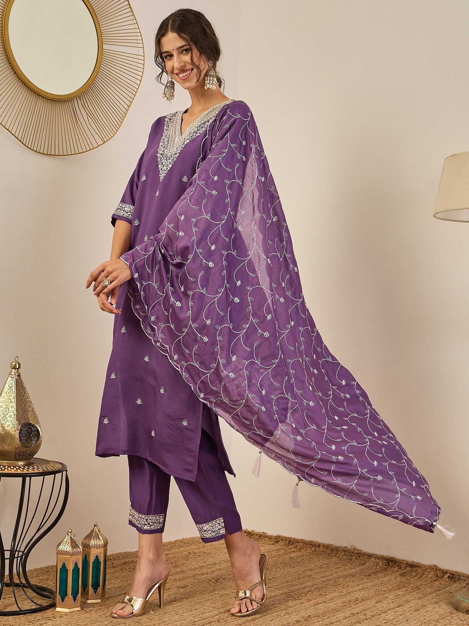 Gauri Elegant Silk Blend Kurta Set with Chanderi Dupatta Ready to Wear Embroidered Party Wear Outfit - FitVibe Fashion