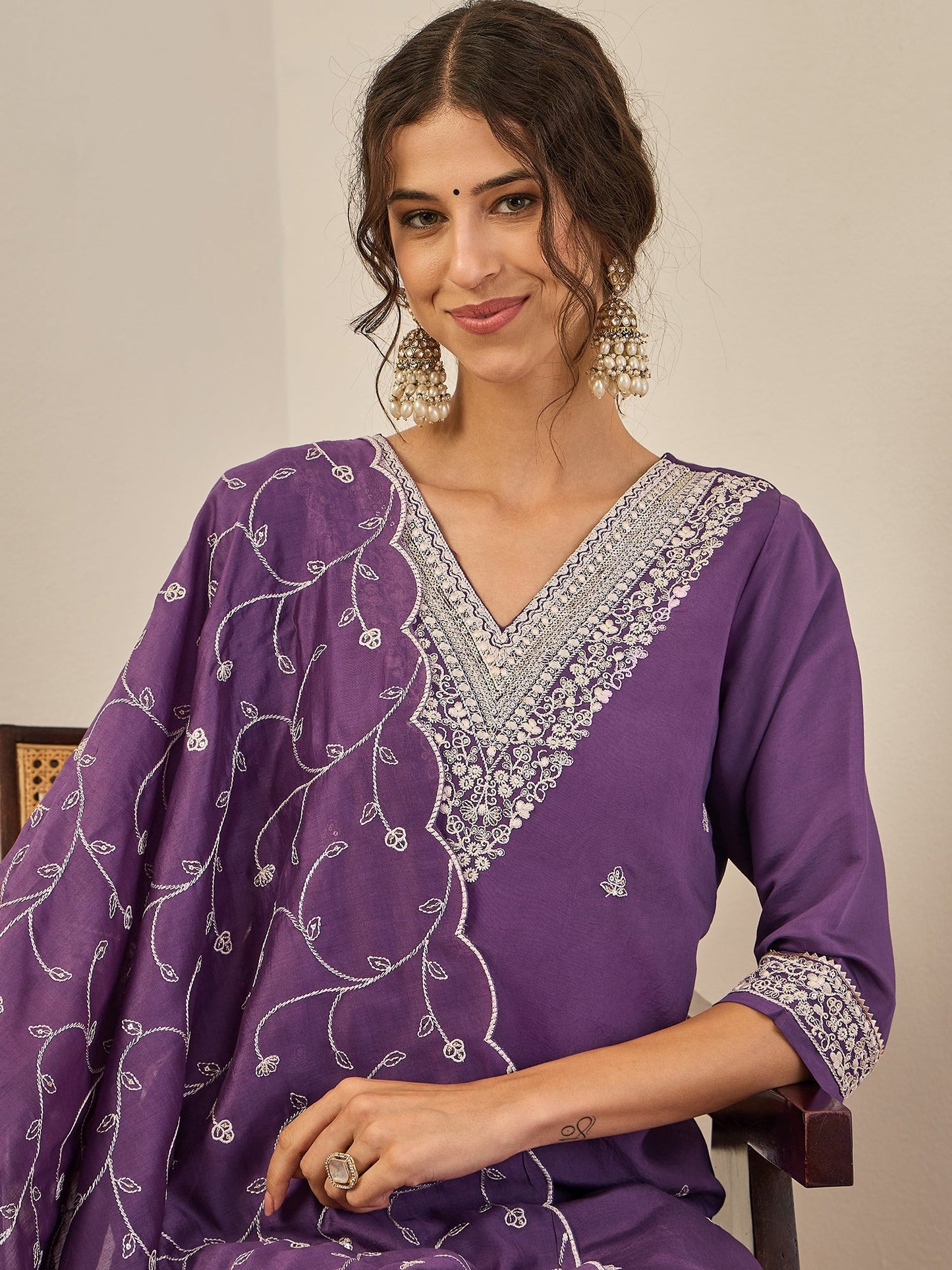 Gauri Elegant Silk Blend Kurta Set with Chanderi Dupatta Ready to Wear Embroidered Party Wear Outfit - FitVibe Fashion