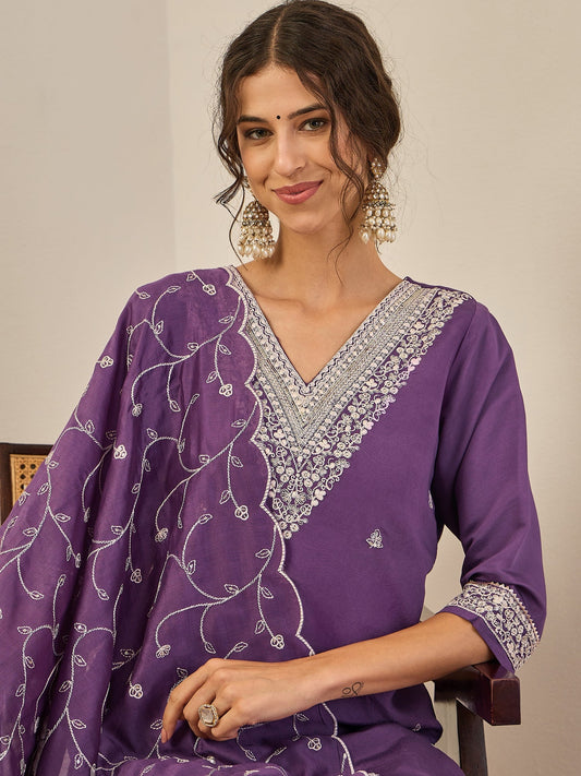 Gauri Elegant Silk Blend Kurta Set with Chanderi Dupatta Ready to Wear Embroidered Party Wear Outfit - FitVibe Fashion