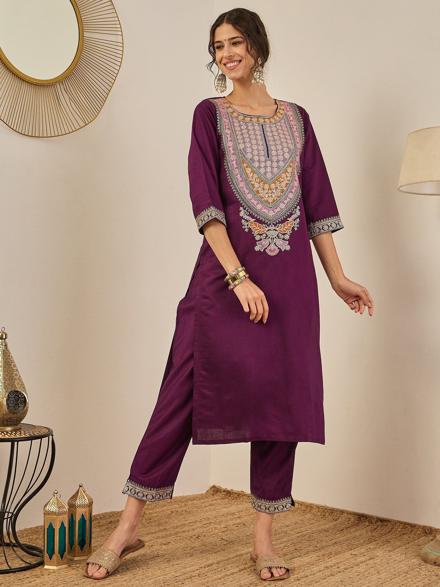 Tanirika Women's Embroidered Viscose Rayon Calf Length Straight Kurta Trouser with Dupatta Set - FitVibe Fashion