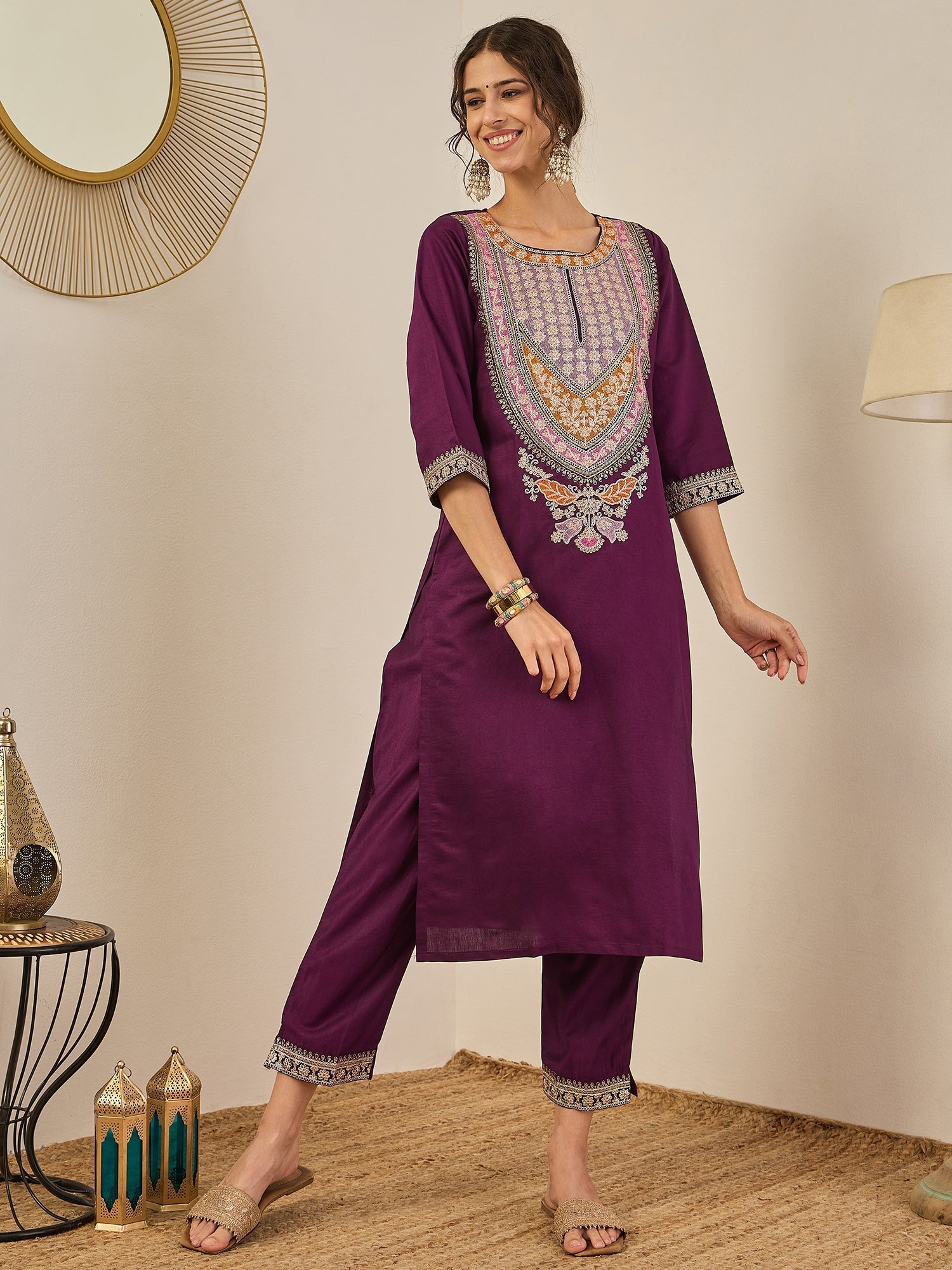 Tanirika Women's Embroidered Viscose Rayon Calf Length Straight Kurta Trouser with Dupatta Set - FitVibe Fashion