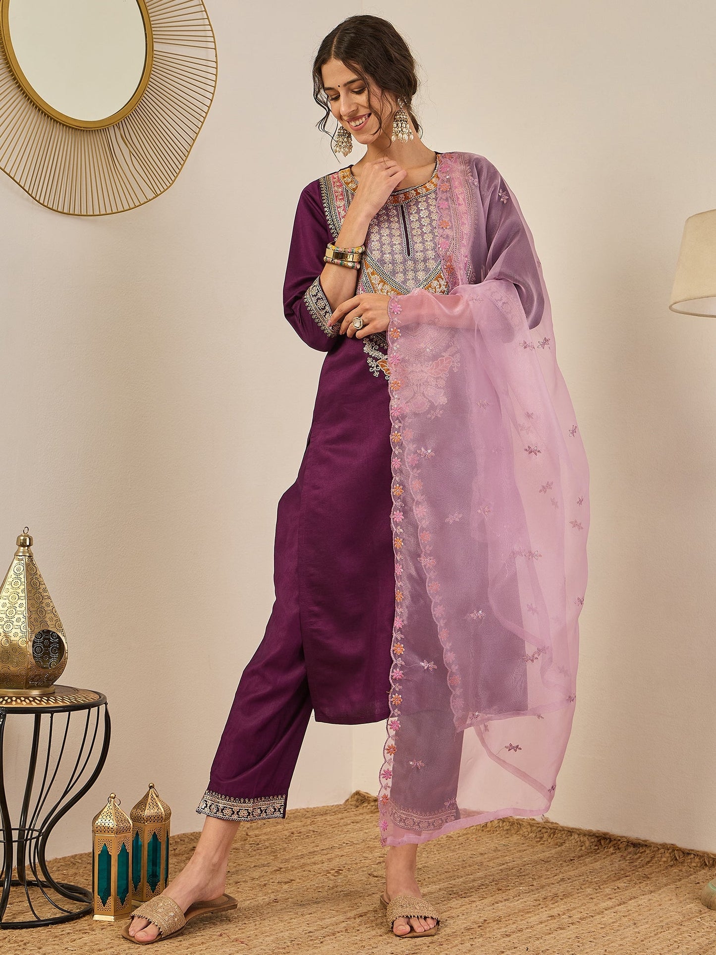 Tanirika Women's Embroidered Viscose Rayon Calf Length Straight Kurta Trouser with Dupatta Set - FitVibe Fashion