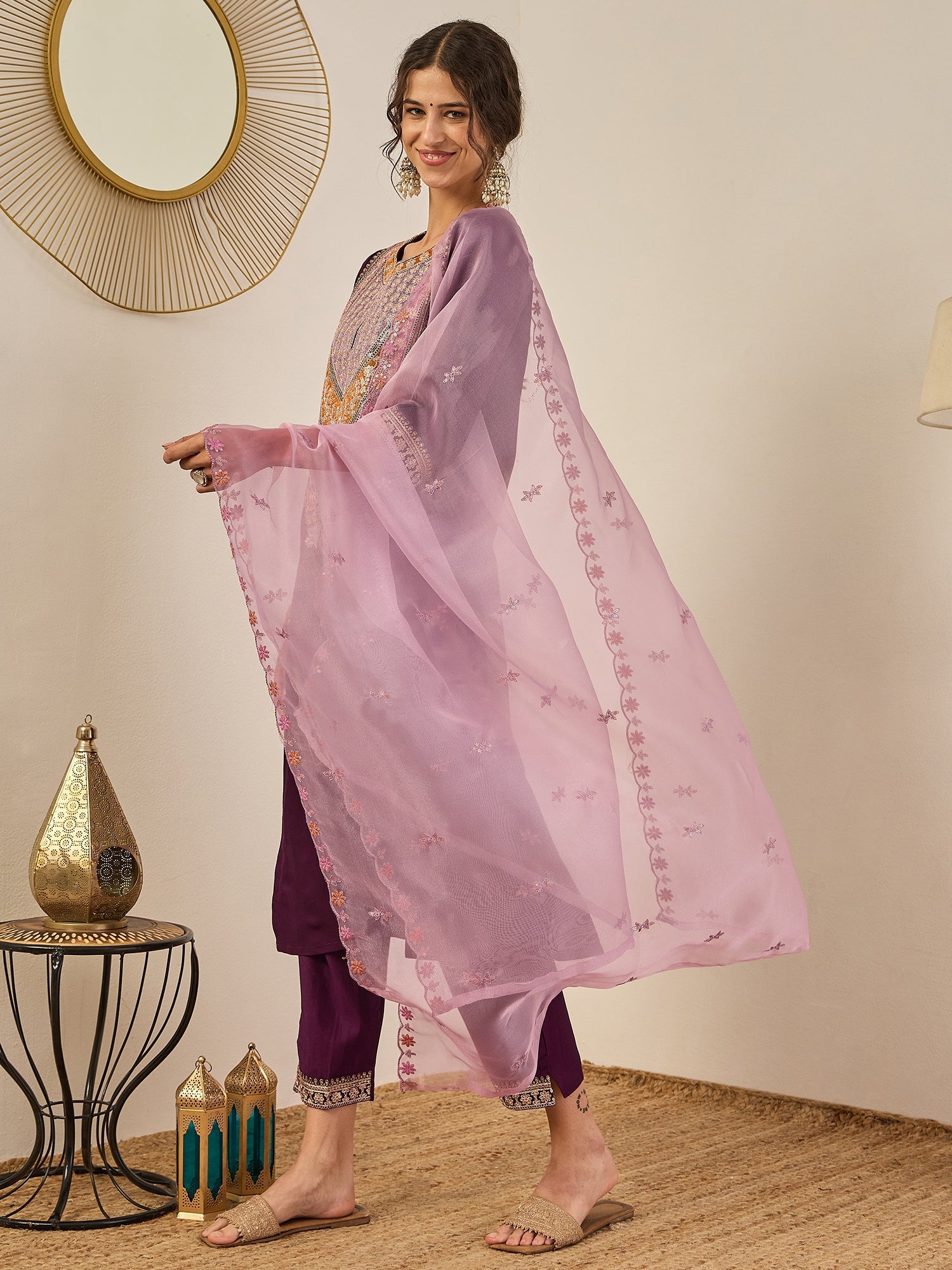 Tanirika Women's Embroidered Viscose Rayon Calf Length Straight Kurta Trouser with Dupatta Set - FitVibe Fashion