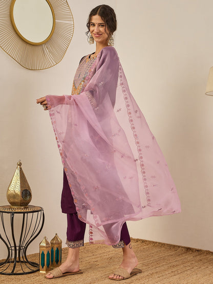 Tanirika Women's Embroidered Viscose Rayon Calf Length Straight Kurta Trouser with Dupatta Set - FitVibe Fashion