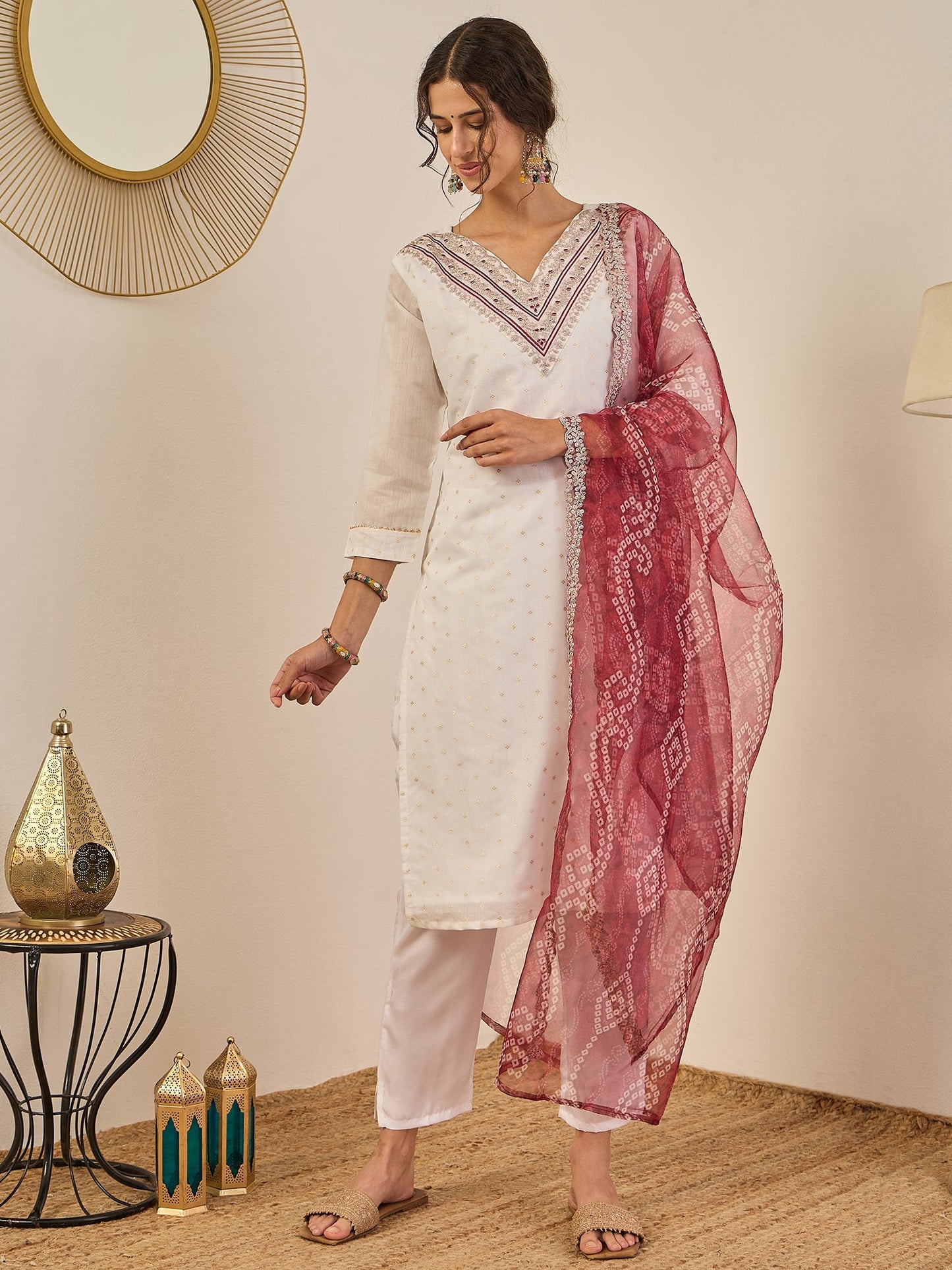 Divyaa Womens Chanderi Silk Kurta Pant Set with Embroidered Organza Dupatta Traditional Party Wear - FitVibe Fashion