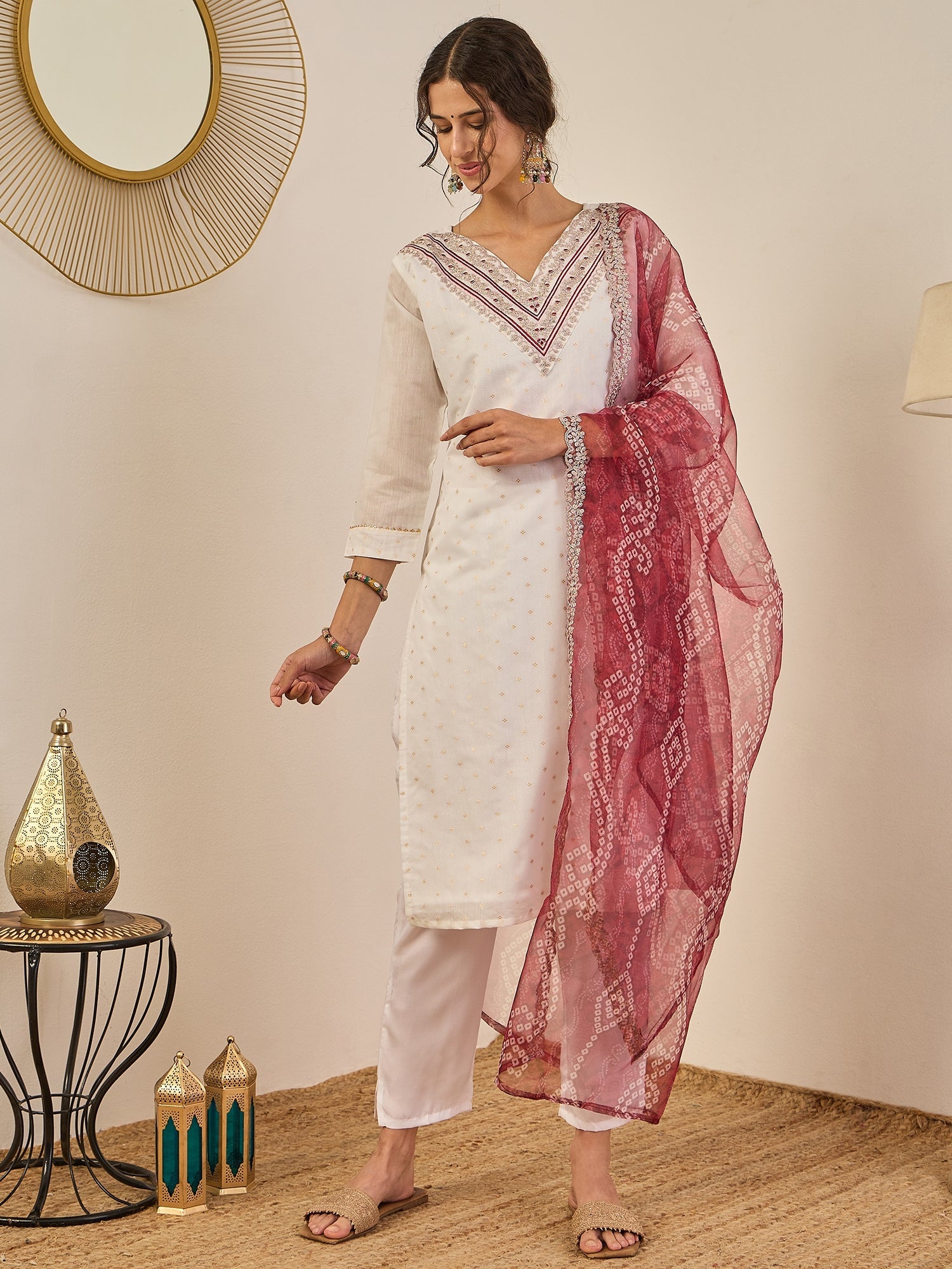 Divyaa Womens Chanderi Silk Kurta Pant Set with Embroidered Organza Dupatta Traditional Party Wear - FitVibe Fashion