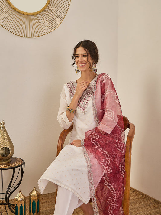 Divyaa Womens Chanderi Silk Kurta Pant Set with Embroidered Organza Dupatta Traditional Party Wear - FitVibe Fashion