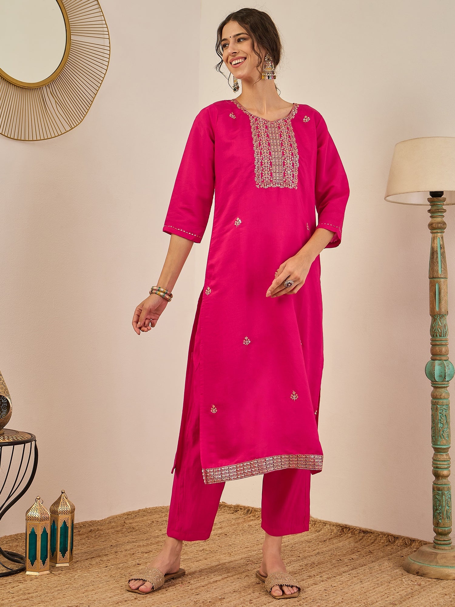 Vedhika Women's Embroidered Silk Blend Calf Length Straight Kurta Trouser with Dupatta Set - FitVibe Fashion