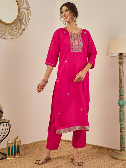 Vedhika Women's Embroidered Silk Blend Calf Length Straight Kurta Trouser with Dupatta Set - FitVibe Fashion