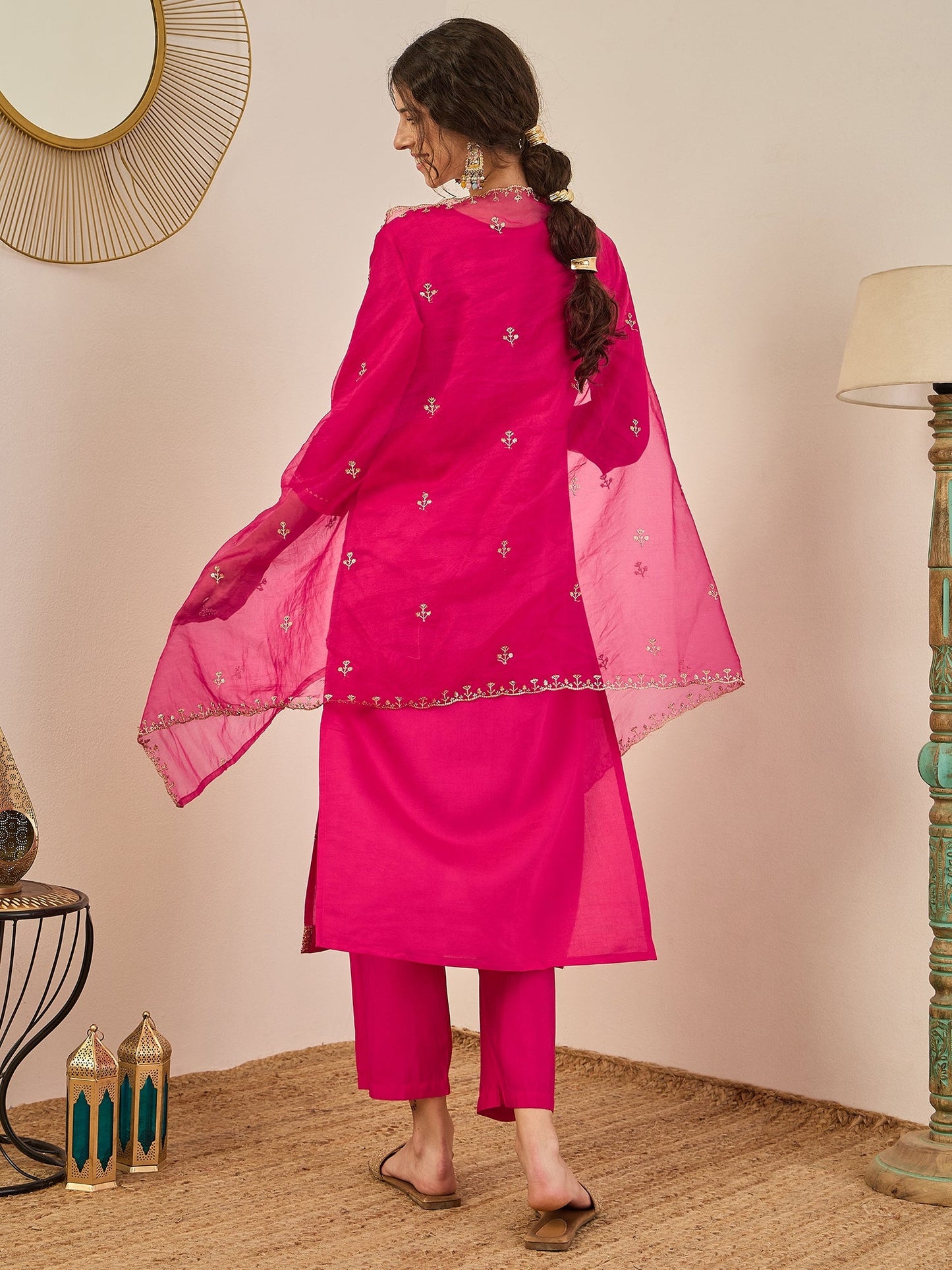 Vedhika Women's Embroidered Silk Blend Calf Length Straight Kurta Trouser with Dupatta Set - FitVibe Fashion