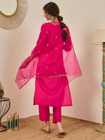 Vedhika Women's Embroidered Silk Blend Calf Length Straight Kurta Trouser with Dupatta Set - FitVibe Fashion