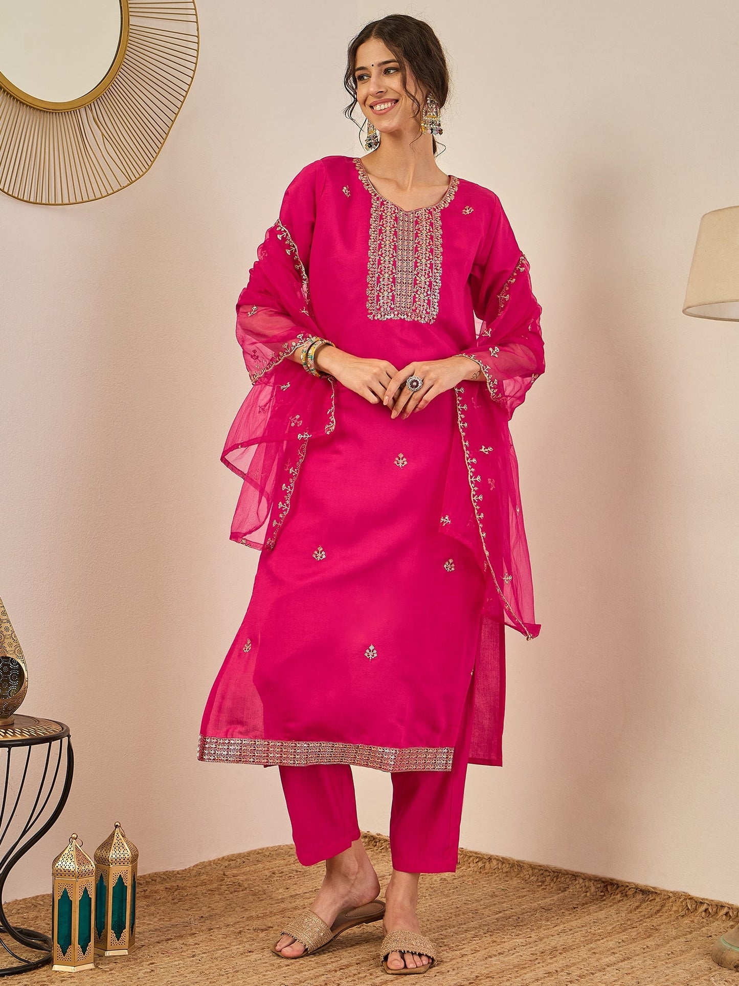 Vedhika Women's Embroidered Silk Blend Calf Length Straight Kurta Trouser with Dupatta Set - FitVibe Fashion