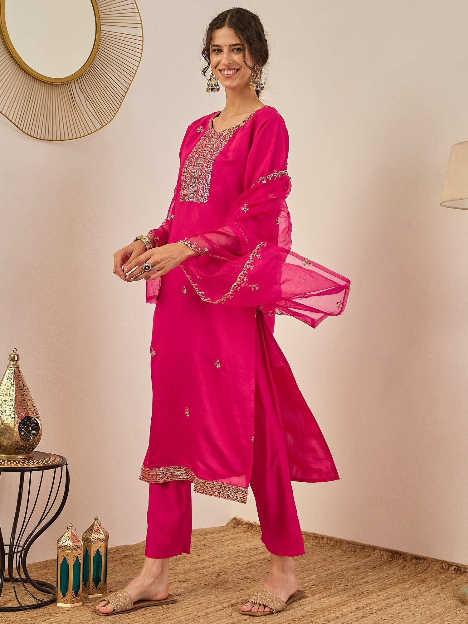 Vedhika Women's Embroidered Silk Blend Calf Length Straight Kurta Trouser with Dupatta Set - FitVibe Fashion