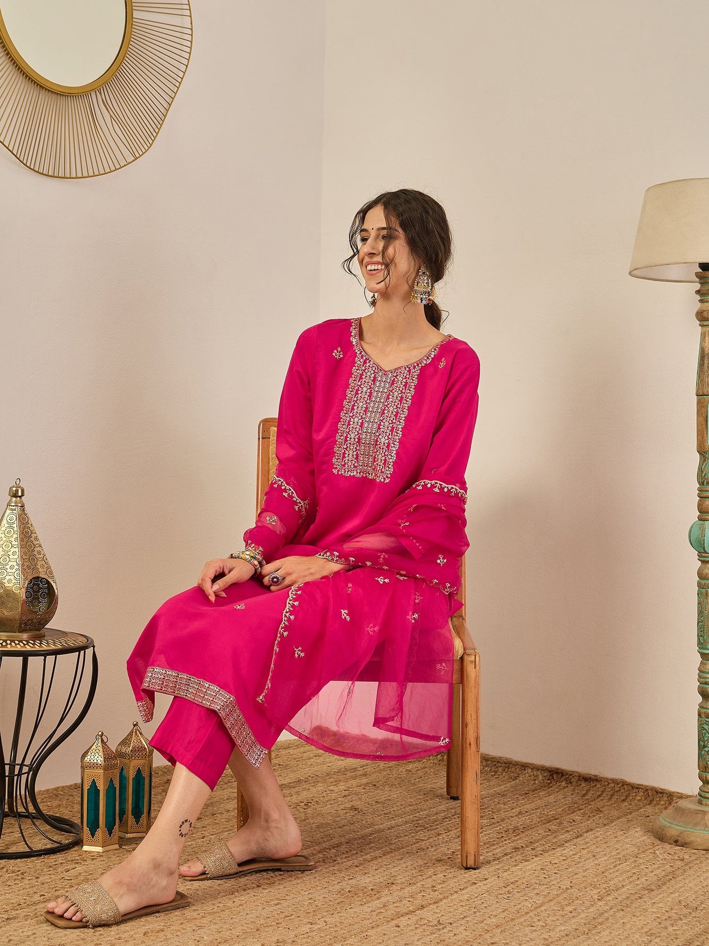 Vedhika Women's Embroidered Silk Blend Calf Length Straight Kurta Trouser with Dupatta Set - FitVibe Fashion