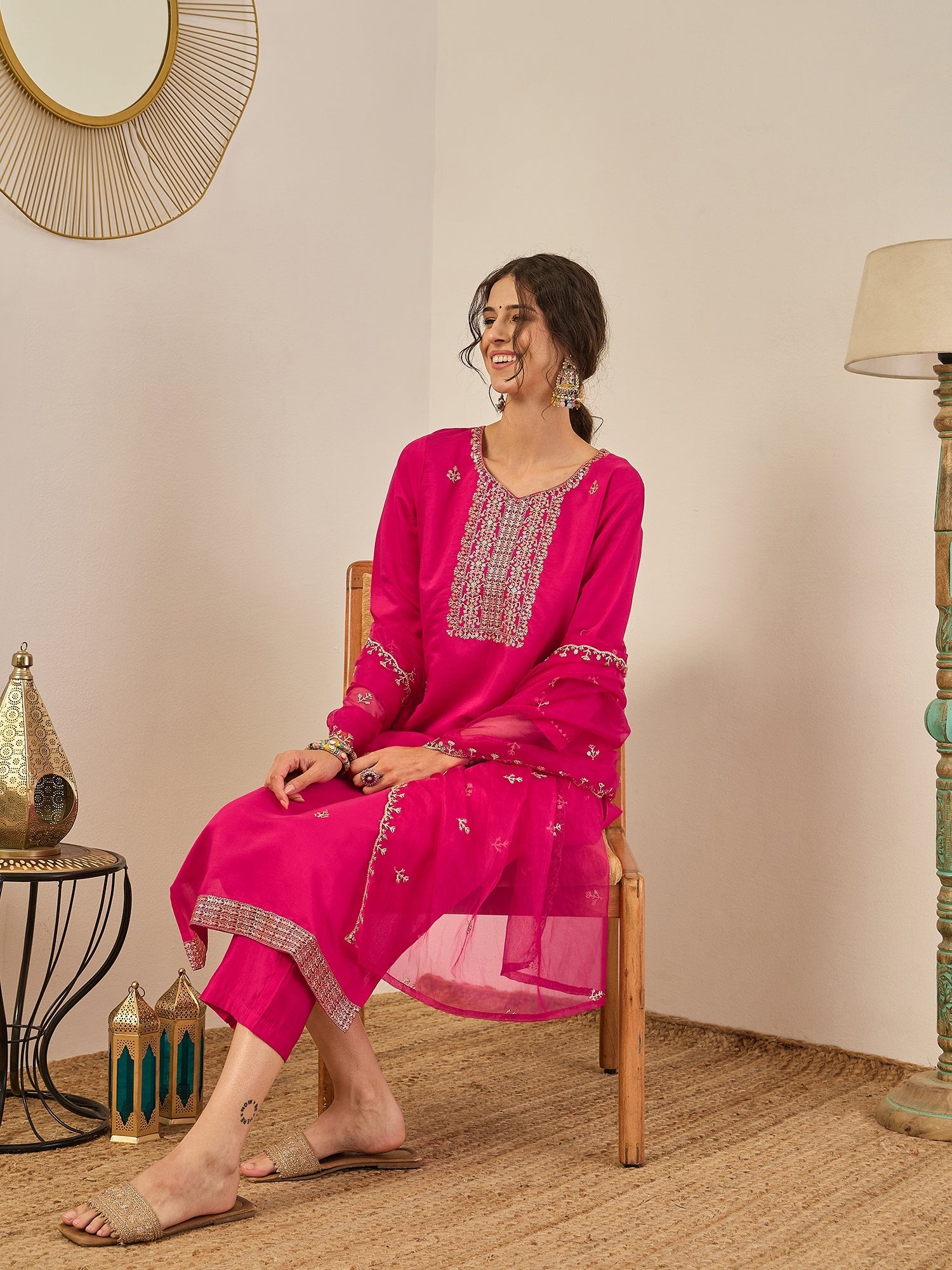 Vedhika Women's Embroidered Silk Blend Calf Length Straight Kurta Trouser with Dupatta Set - FitVibe Fashion