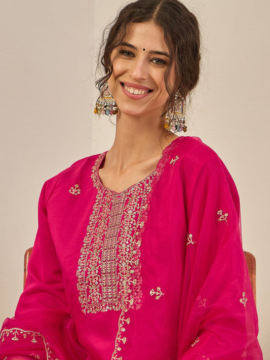 Vedhika Women's Embroidered Silk Blend Calf Length Straight Kurta Trouser with Dupatta Set - FitVibe Fashion