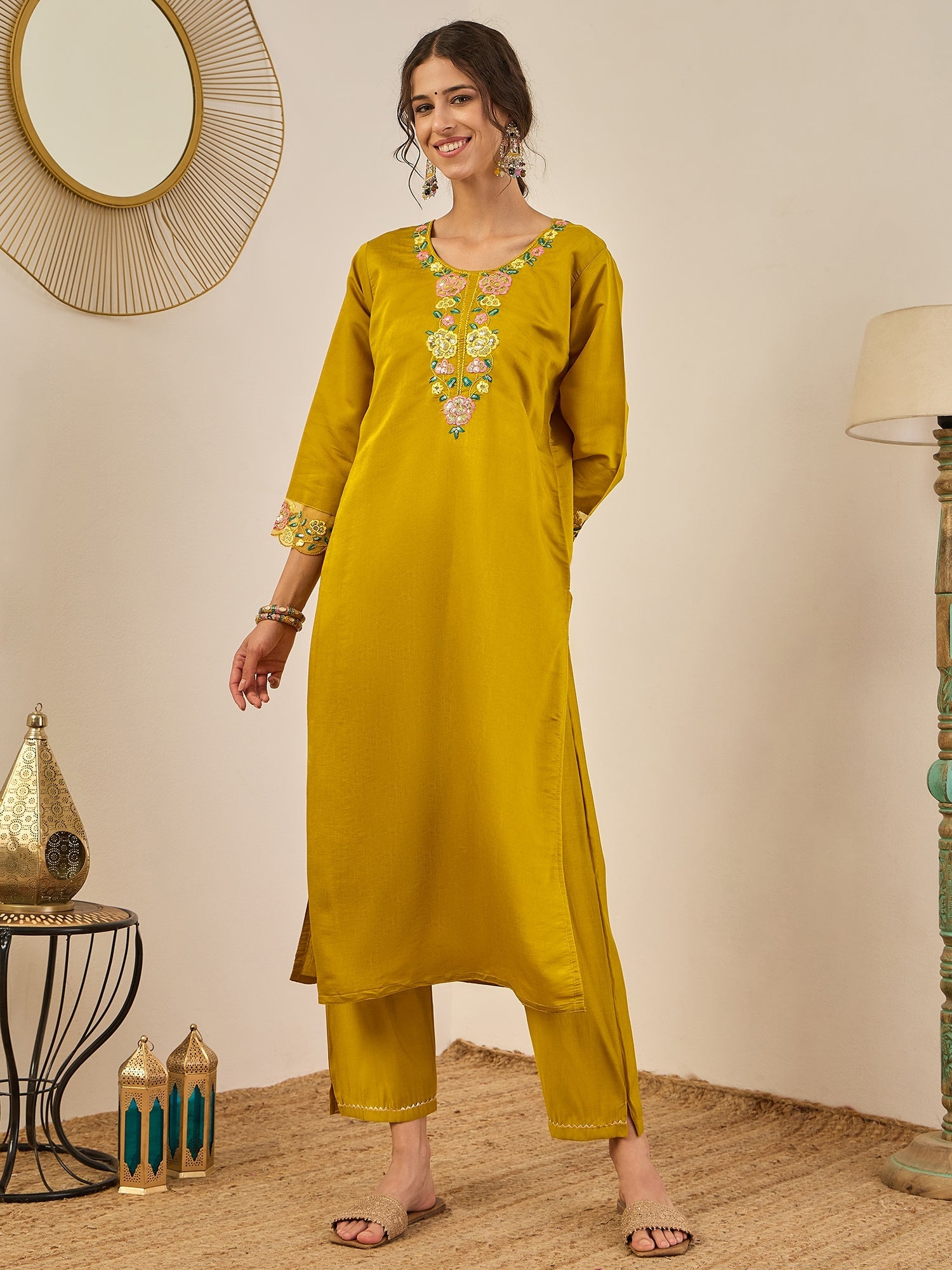 Ishita Women's Embroidered Viscose Roman Silk Kurta Pant Set with Organza Dupatta Elegant Lightweight Ethnic Wear - FitVibe Fashion