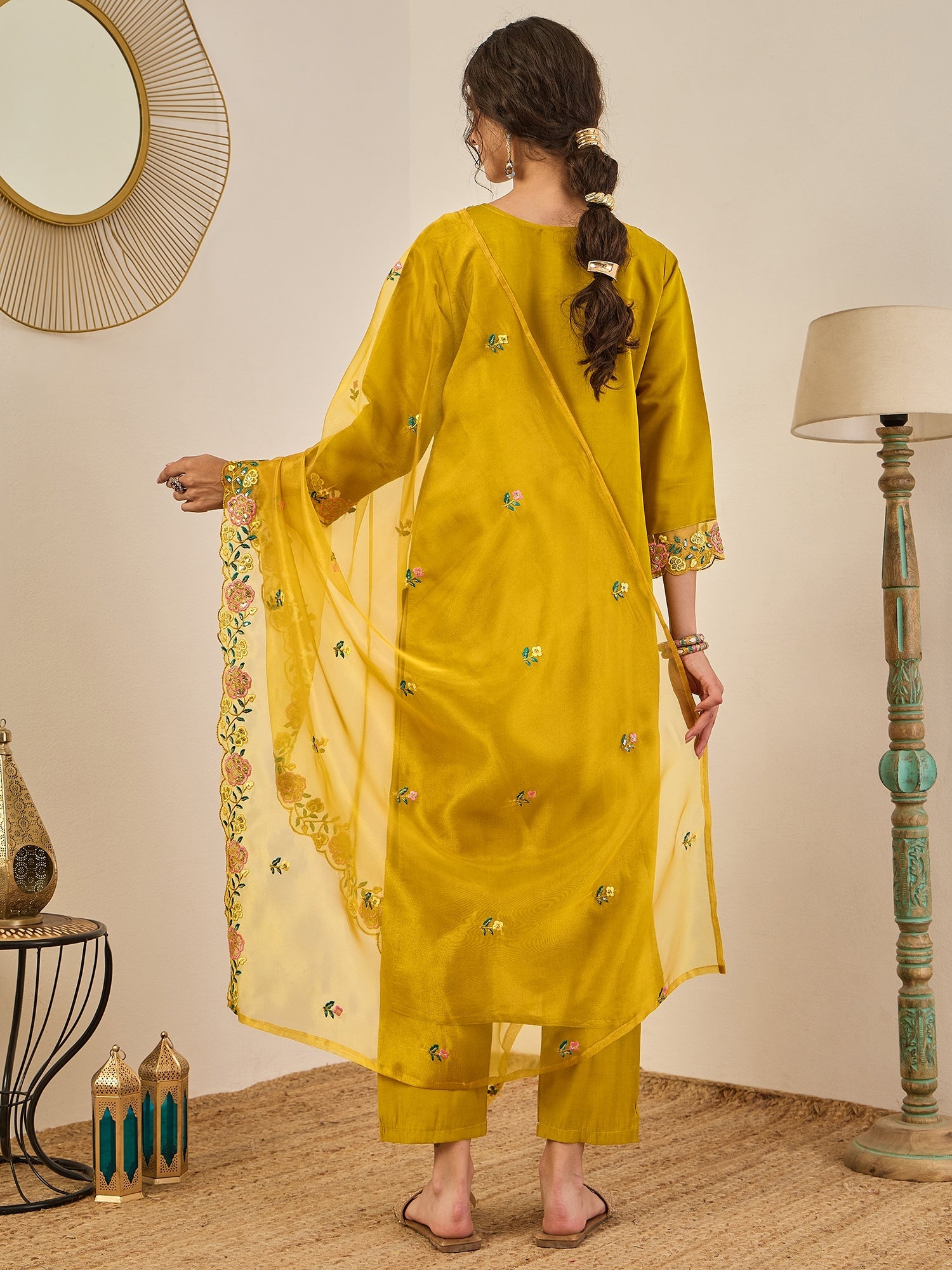 Ishita Women's Embroidered Viscose Roman Silk Kurta Pant Set with Organza Dupatta Elegant Lightweight Ethnic Wear - FitVibe Fashion