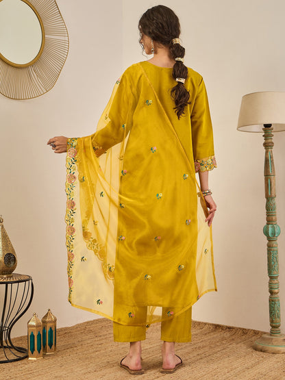 Ishita Women's Embroidered Viscose Roman Silk Kurta Pant Set with Organza Dupatta Elegant Lightweight Ethnic Wear - FitVibe Fashion