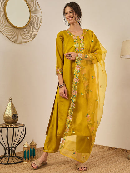 Ishita Women's Embroidered Viscose Roman Silk Kurta Pant Set with Organza Dupatta Elegant Lightweight Ethnic Wear - FitVibe Fashion