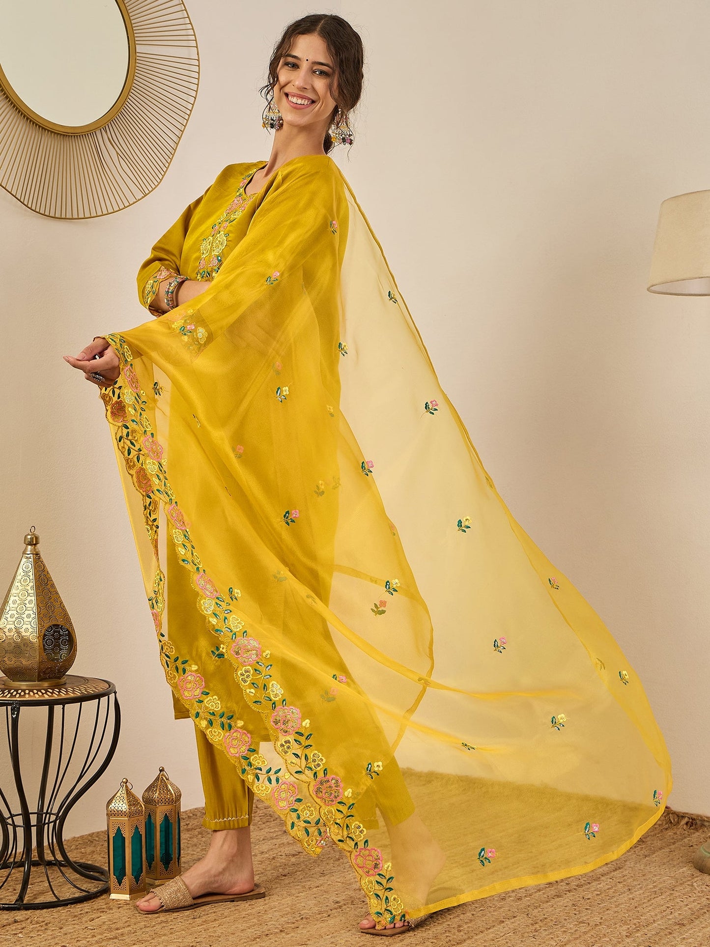 Ishita Women's Embroidered Viscose Roman Silk Kurta Pant Set with Organza Dupatta Elegant Lightweight Ethnic Wear - FitVibe Fashion