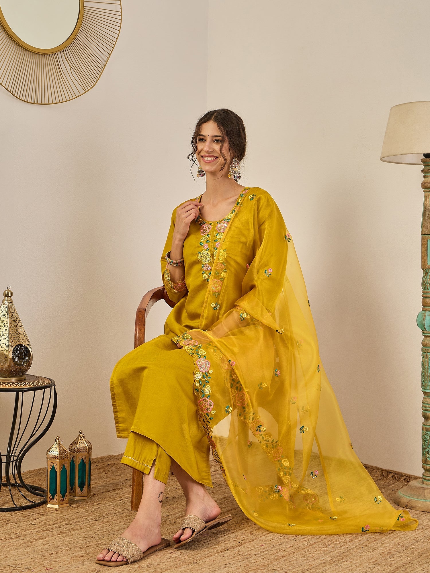 Ishita Women's Embroidered Viscose Roman Silk Kurta Pant Set with Organza Dupatta Elegant Lightweight Ethnic Wear - FitVibe Fashion