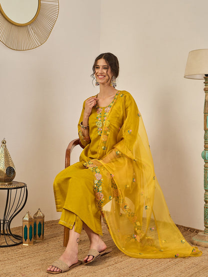 Ishita Women's Embroidered Viscose Roman Silk Kurta Pant Set with Organza Dupatta Elegant Lightweight Ethnic Wear - FitVibe Fashion